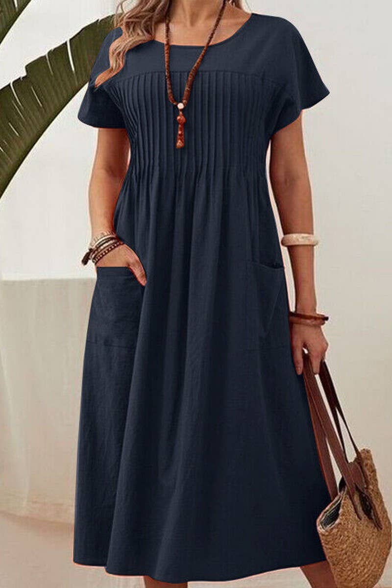 ROUND NECK POCKET PLEATED COTTON AND LINEN DRESS