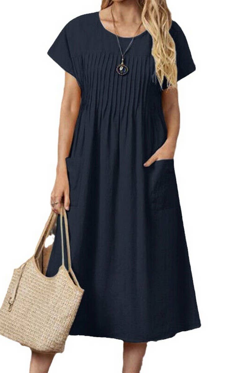 ROUND NECK POCKET PLEATED COTTON AND LINEN DRESS