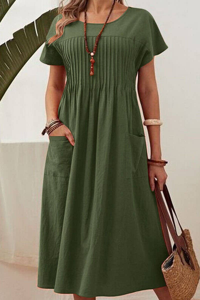 ROUND NECK POCKET PLEATED COTTON AND LINEN DRESS