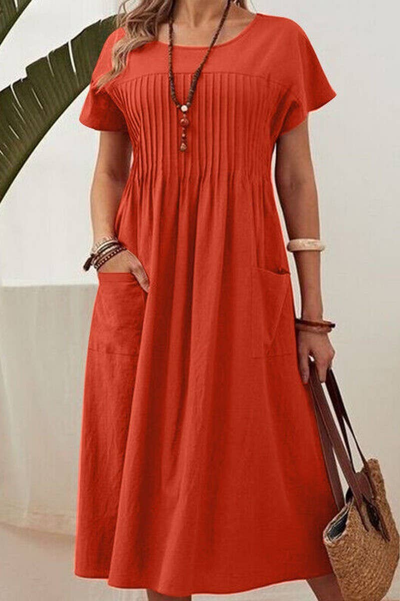 ROUND NECK POCKET PLEATED COTTON AND LINEN DRESS